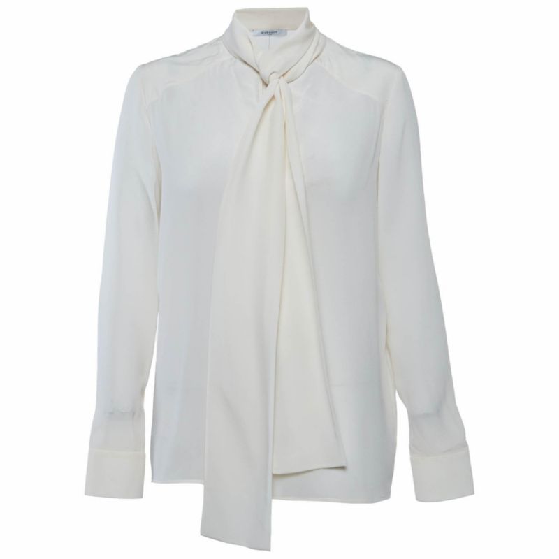 Women's Cream Silk Tie-Neck Long-Sleeve Blouse