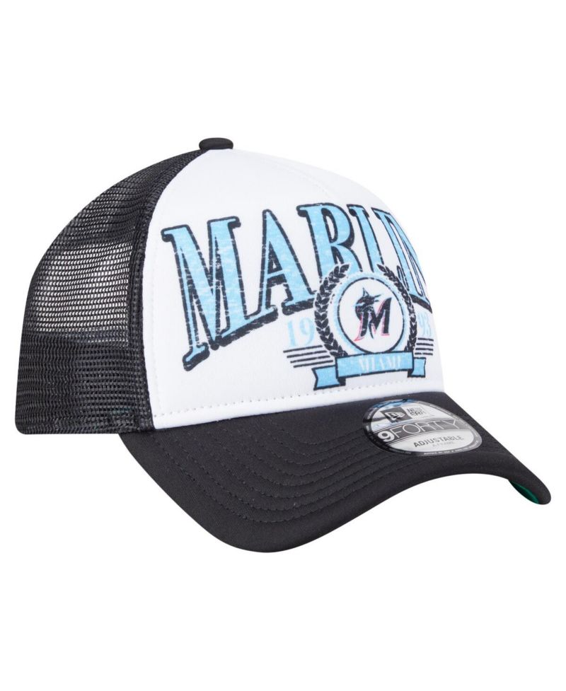 Men's Black Miami Marlins Distressed 9FORTY A-Frame Adjustable Trucker Hat