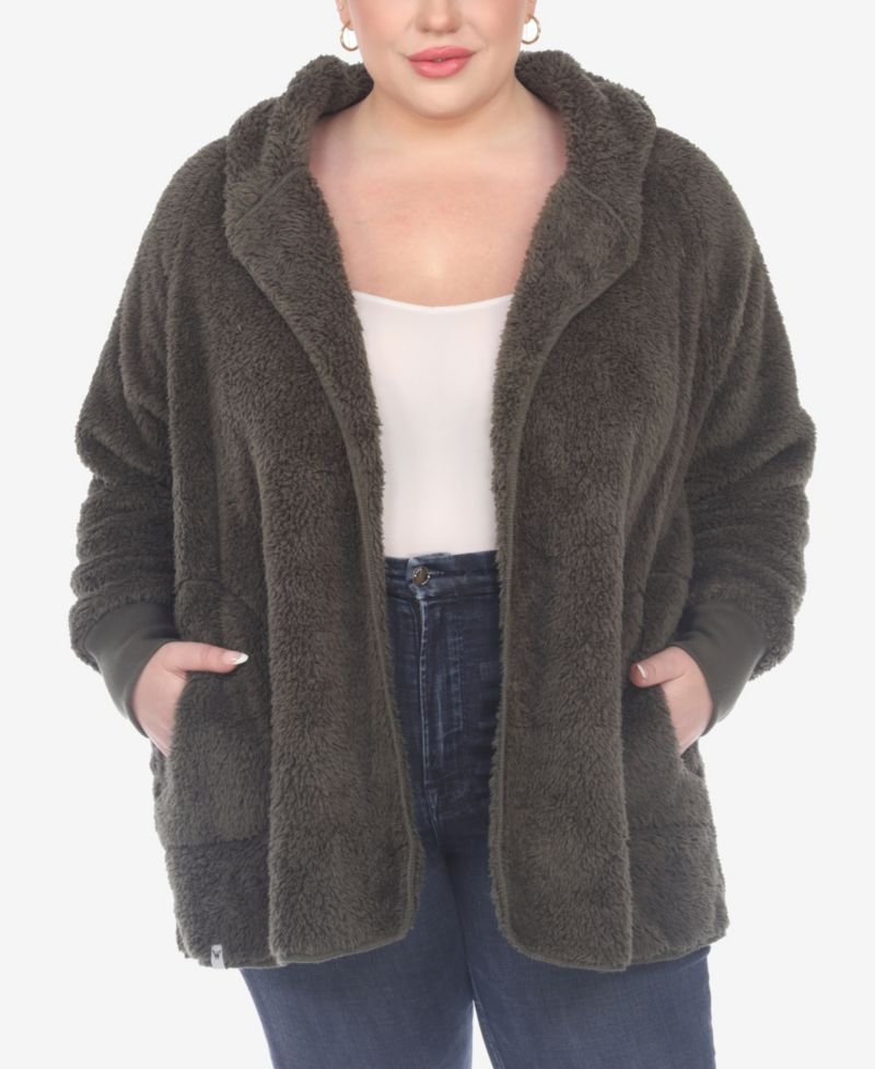 Plus Size Plush Hooded Cardigan Jacket with Pockets