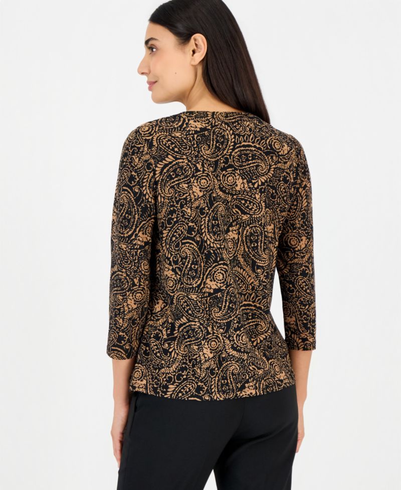 Women's Petite Woodblock-Print V-Neck 3/4-Sleeve Henley
