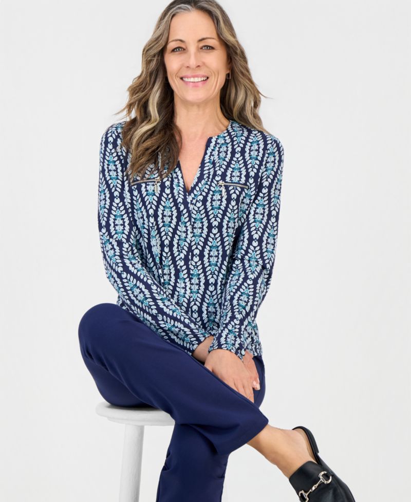 Women's Printed V-Neck Zipper-Pocket Knit