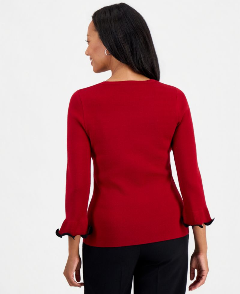 Petite Crew Neck Sculptural Cuff 3/4-Sleeve Sweater