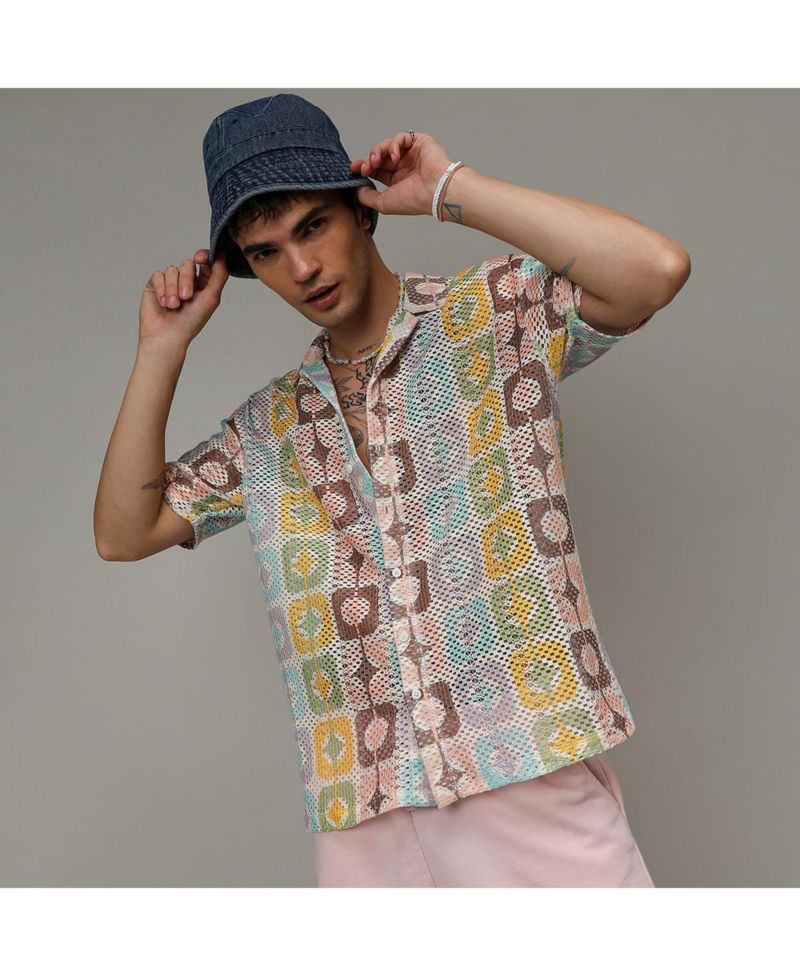 Men's Lemon Yellow & Chocolate Brown Geometric Block Oversized Shirt