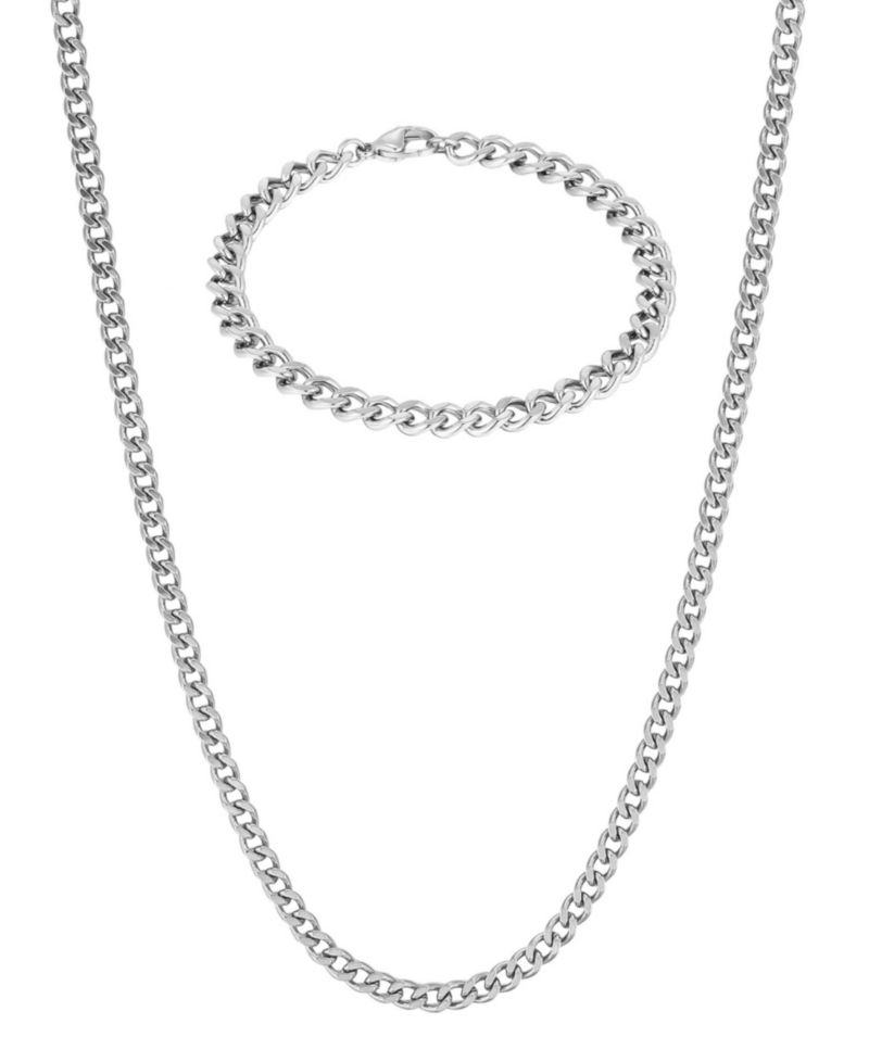 Men's Tarnish Resistant Metal-Tone 5mm Curb Chain Bracelet and Necklace Set