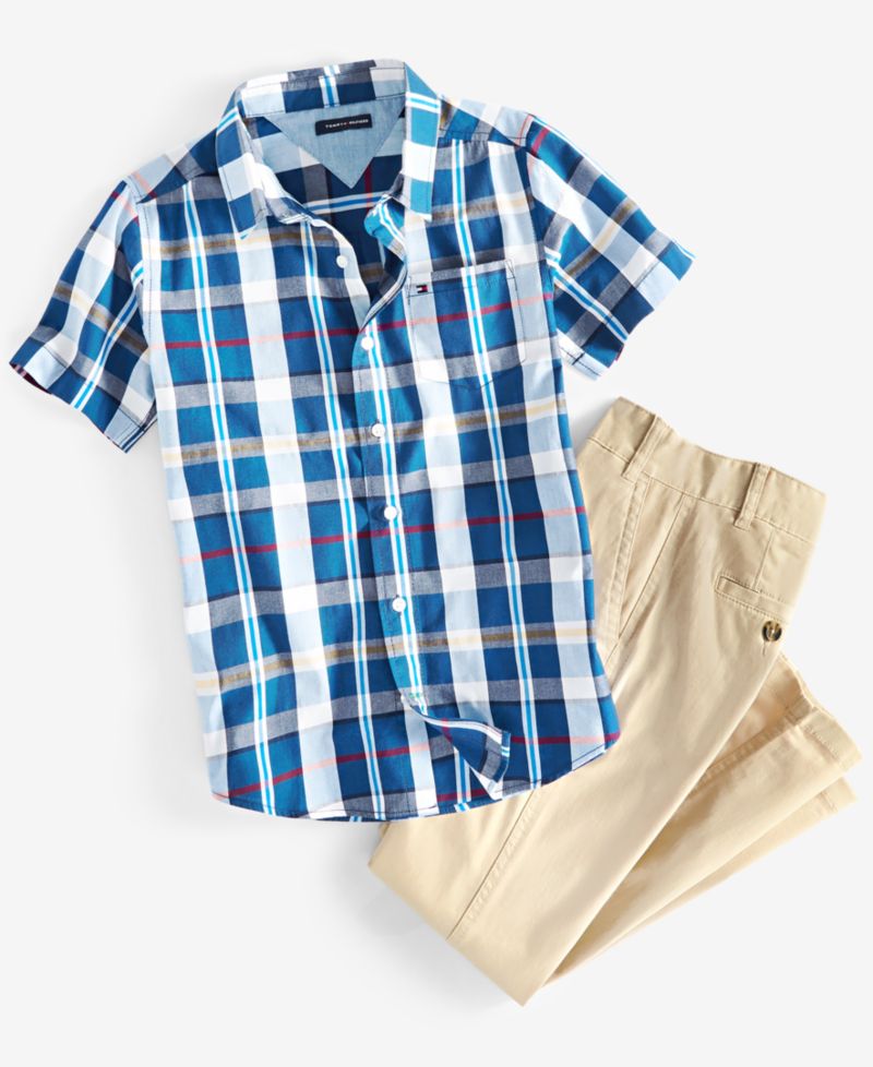 Toddler, Little & Big Boys Campus Plaid Shirt & Flat-Front Stretch Chino Pants