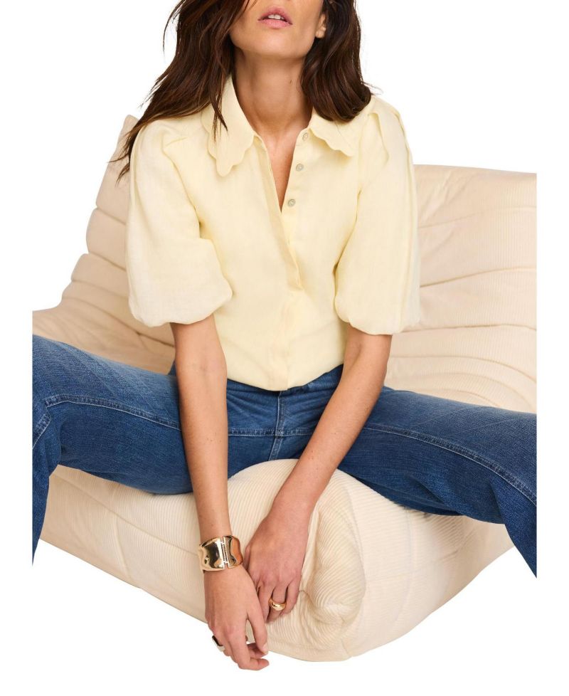 Women's Ramie Short-Sleeve Puff-Sleeve Blouse