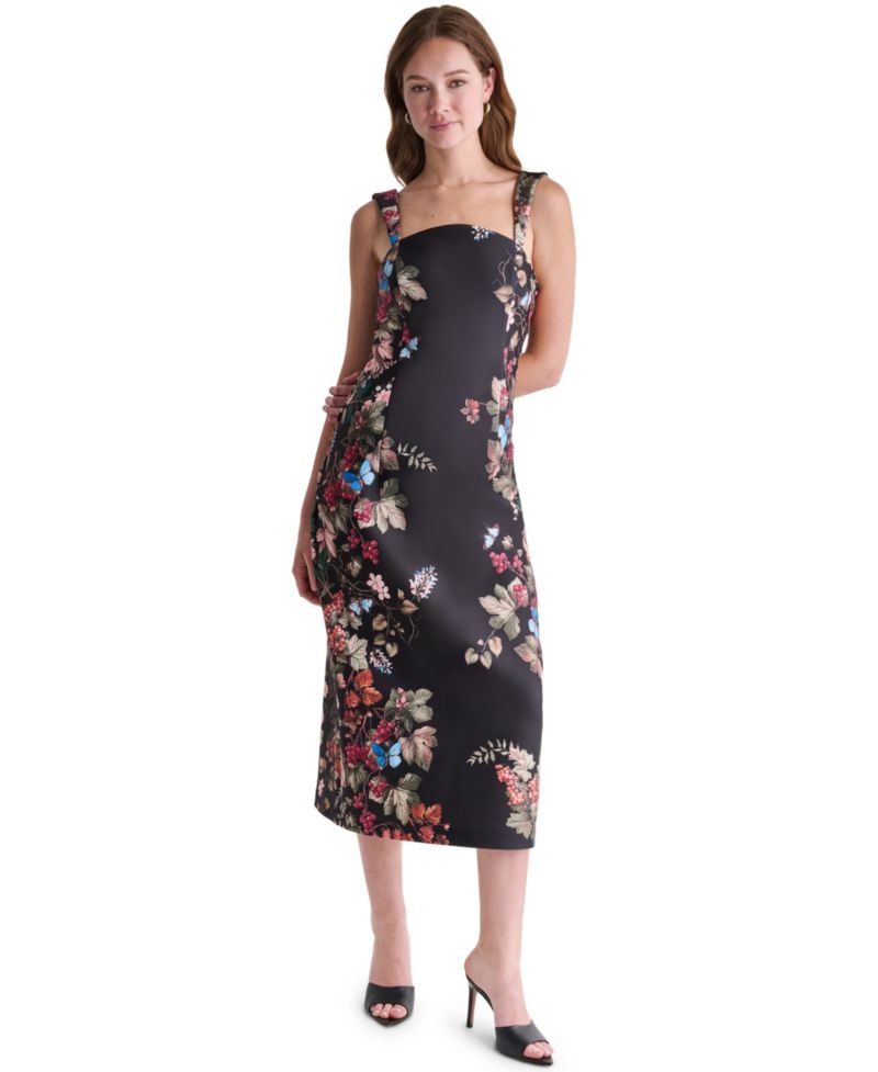 Women's Floral Print Square Neck Satin Midi Dress