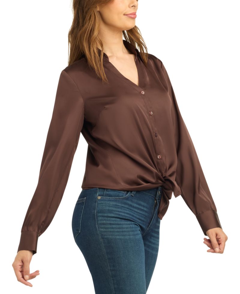 Juniors' Long-Sleeve Button-Up Tie-Front Blouse