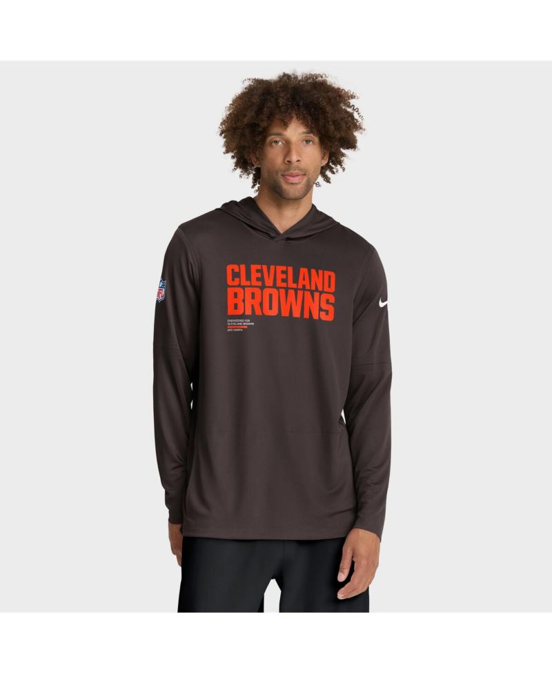 Men's Brown Cleveland Browns Sideline Pure Fury Performance Long Sleeve Hoodie T-Shirt