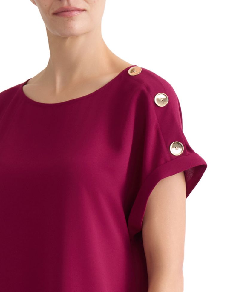 Petite Shoulder-Button-Detail Boat-Neck Short-Sleeve Blouse