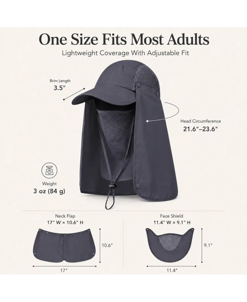 3-in-1 Foldable UPF 50+ Wide Brim Sun Hat with Removable Face Shield and Neck Flap for Women and Men