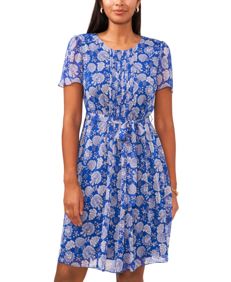 Women's Short-Sleeve Pleated Tie-Waist Dress
