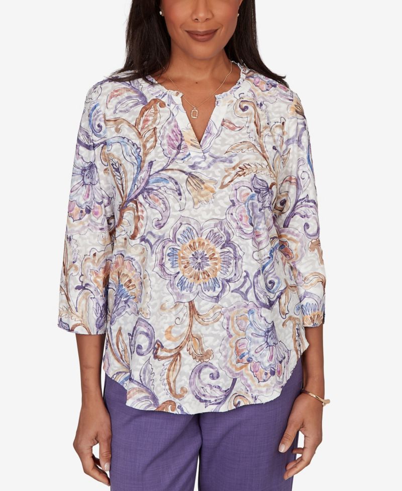 Petite Grand Bazaar Jacobean Floral Split Neck Top