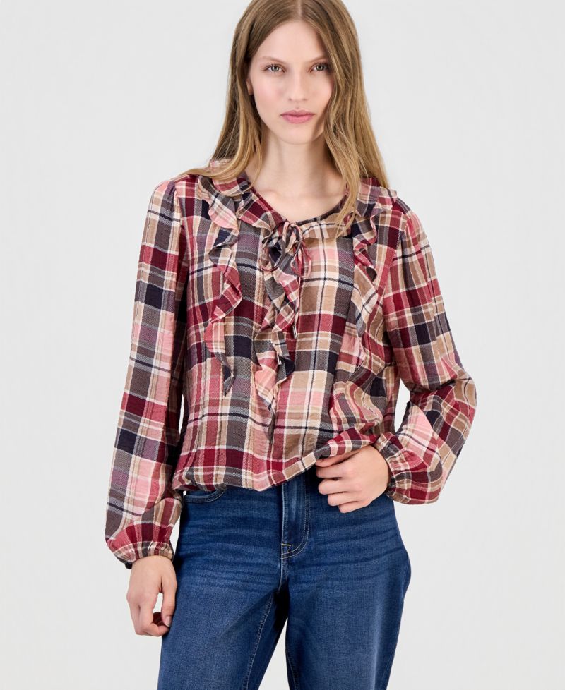 Women's Ruffled Long-Sleeve Plaid Blouse