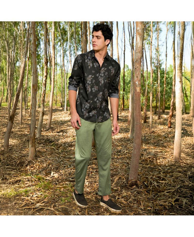 Men's Charcoal Grey Stamped-Foliage Shirt
