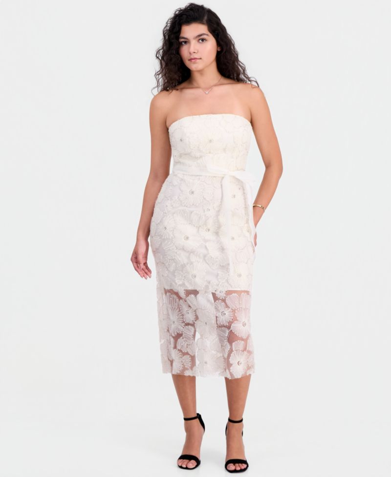 Women's Beaded Floral Strapless Midi Dress