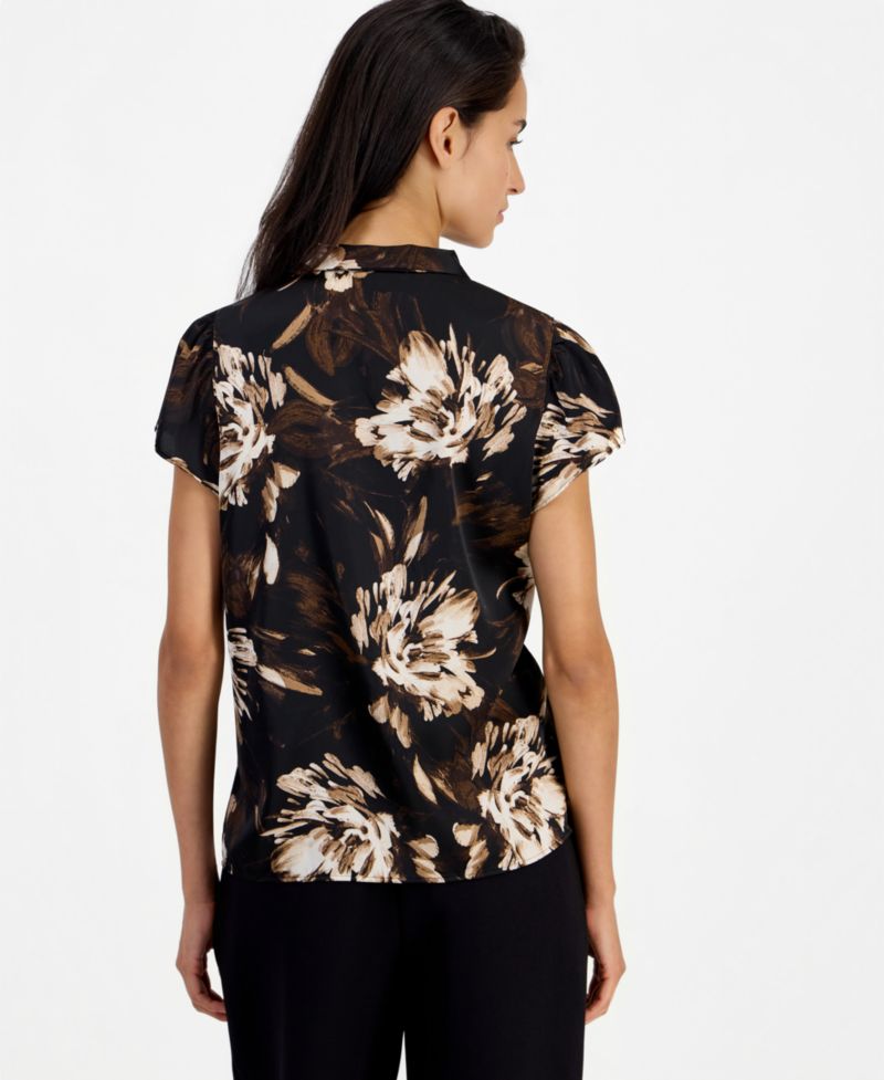 Women's Tie-Neck Short-Flutter-Sleeve Blouse
