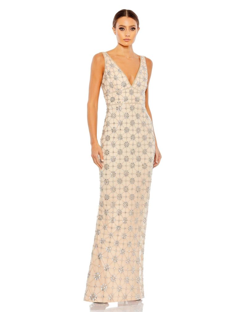 Women's Sleeveless Hand Beaded V-neck Gown