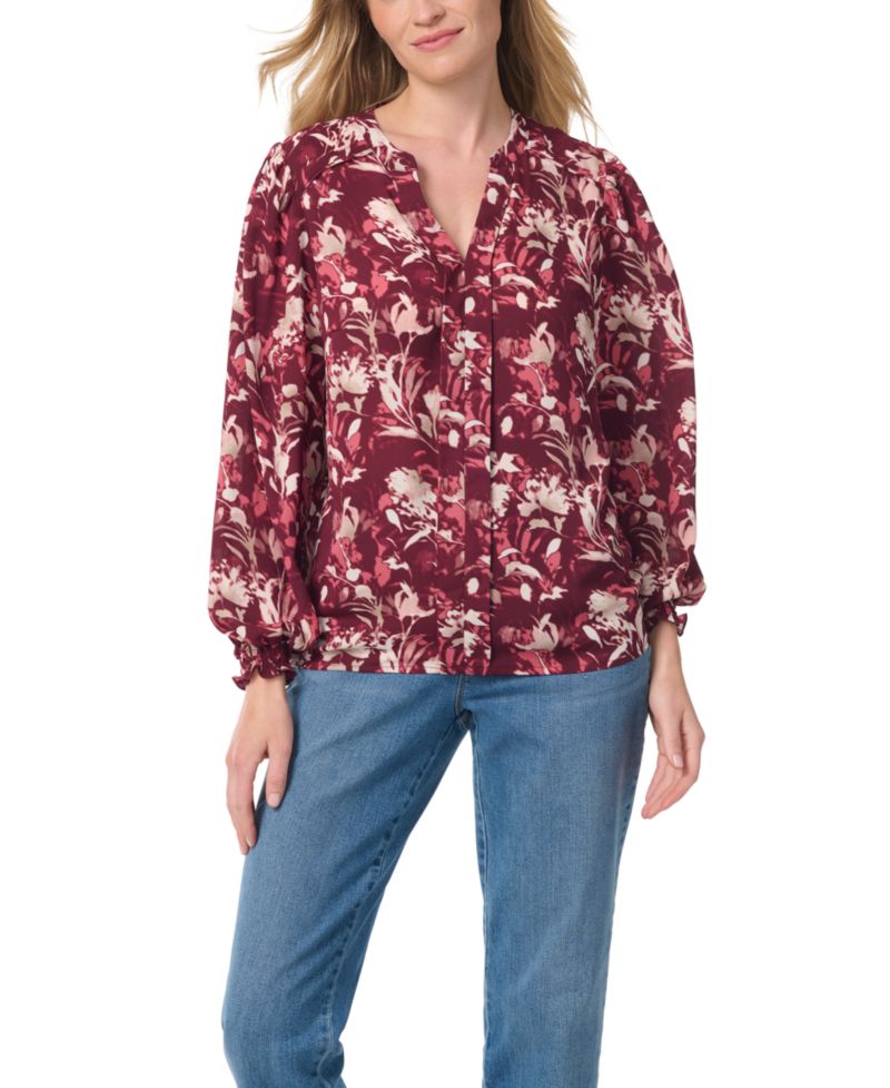 Women's Long-Bishop-Sleeve Floral V-Neck Blouse