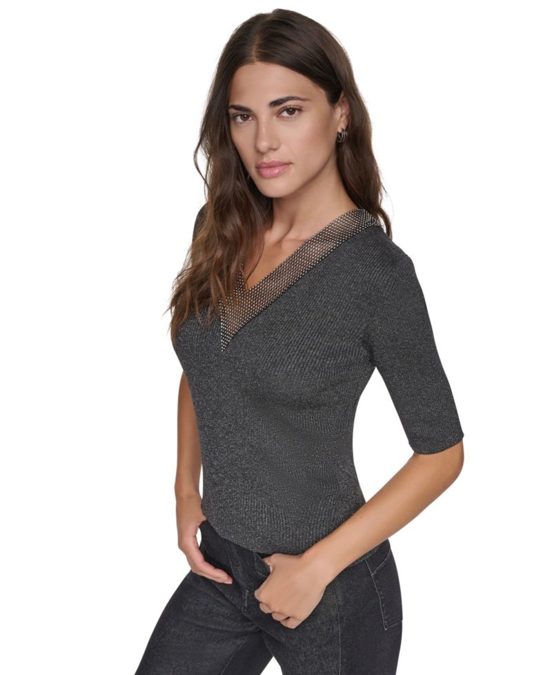 Women's Embellished Lurex V-Neck Sweater