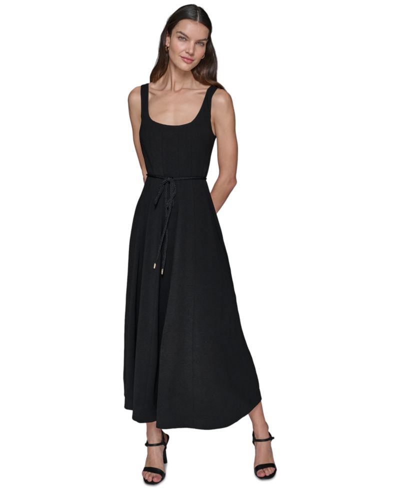 Women's Scoop-Neck Belted Sleeveless Midi Dress