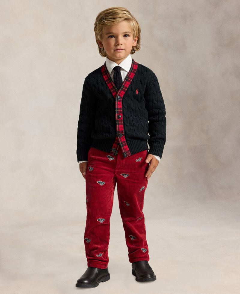 Boys' 2T-7 Cable-Knit Plaid-Trim Cardigan