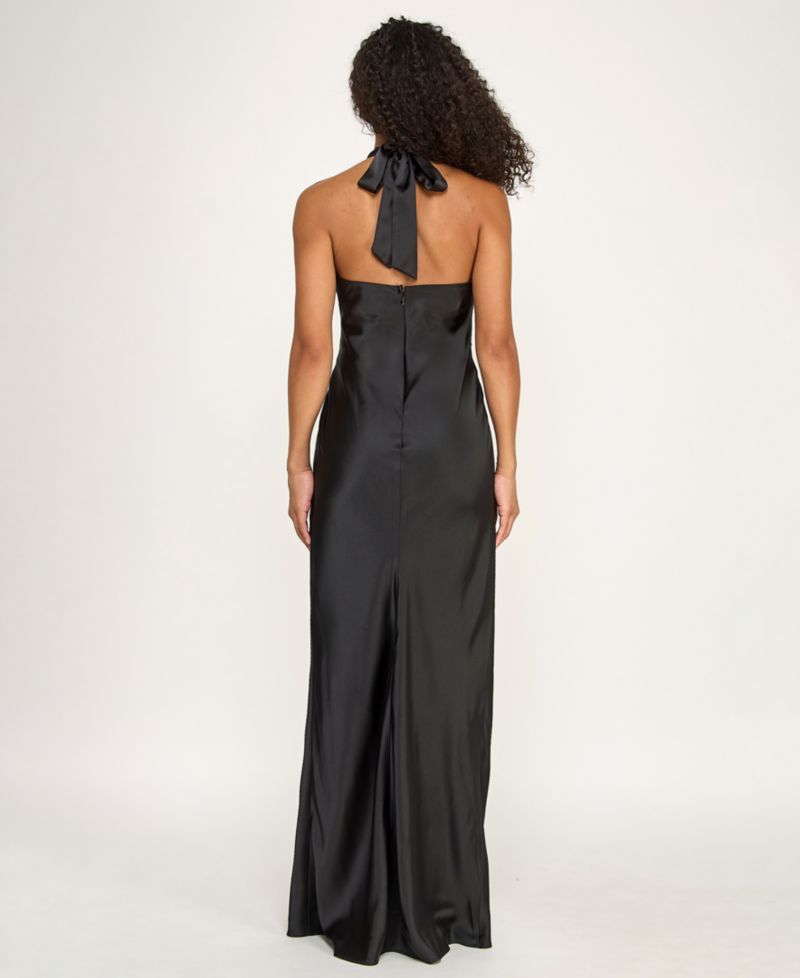 Juniors' Halter Neck Hardware Trim Satin Long Gown