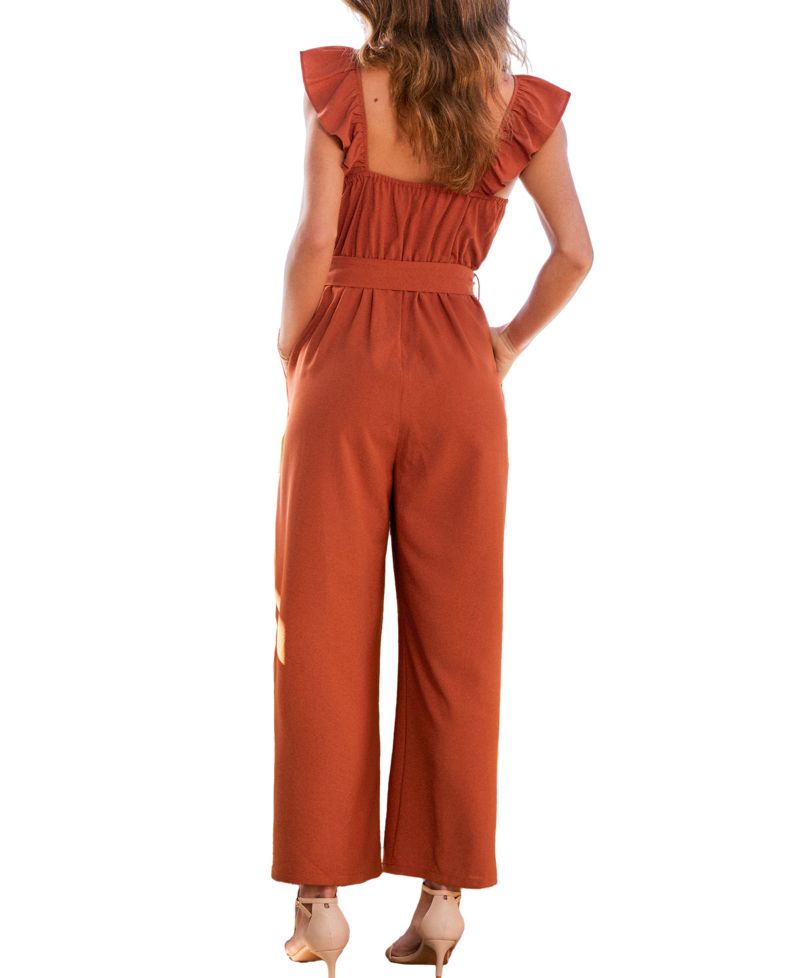 Women's Ruffle Waist Tie-Front Wide Leg Jumpsuit