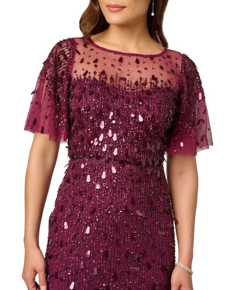 Petite Beaded Mesh Flutter-Sleeve Dress