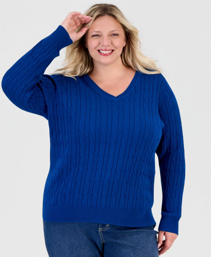 Petite Cotton Cable-Knit V-Neck Sweater
