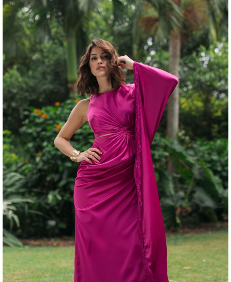 Women's Charmeuse Kaftan Sleeve Assymetrical Fringe Gown