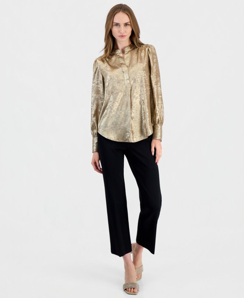 Women's Shimmer Pleat-Front Long-Sleeve V-Neck Blouse