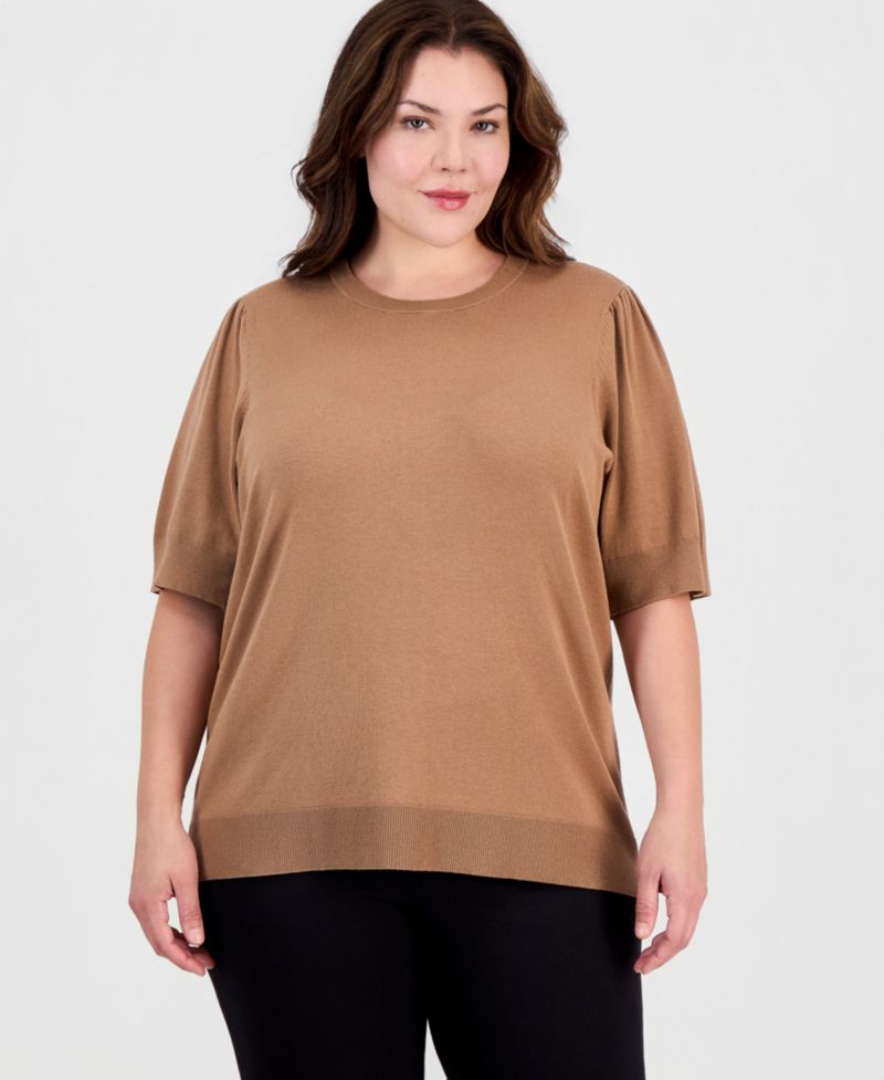 Plus Size Short Puff Sleeve Crewneck Sweater