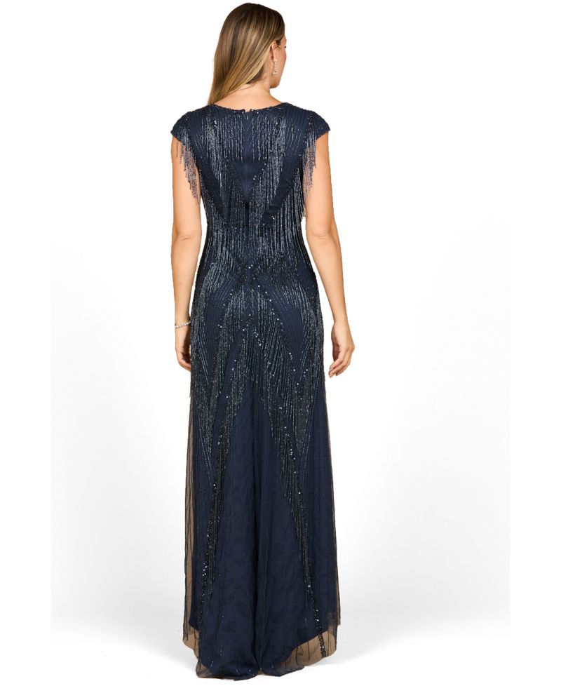Women's Beaded Fringe V-Neckline Dress with Cap Sleeves