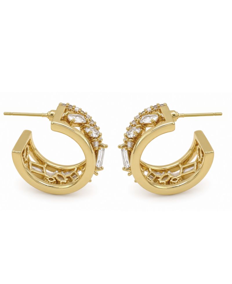 Cubic Zirconia Gold-Tone Plated Multi Stone Shape Hoop Earrings