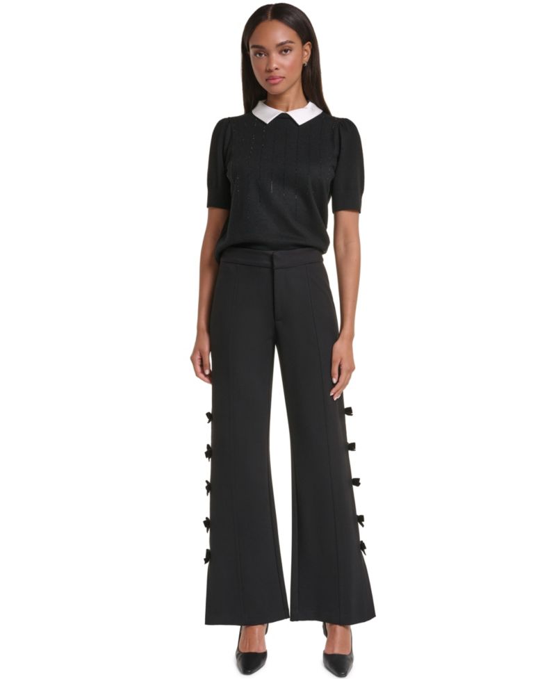 Petite Soft Set Bow Bottom Wide-Leg Velvet Pants