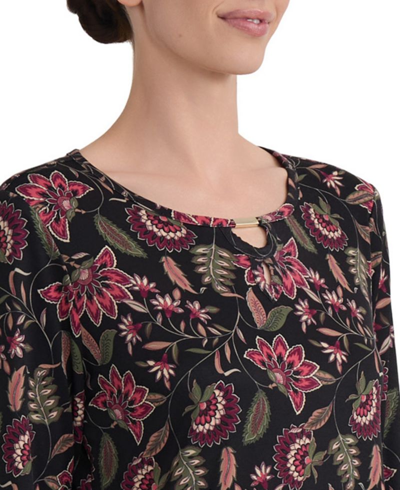 Women's Floral-Print Keyhole Neck 3/4-Sleeve Top