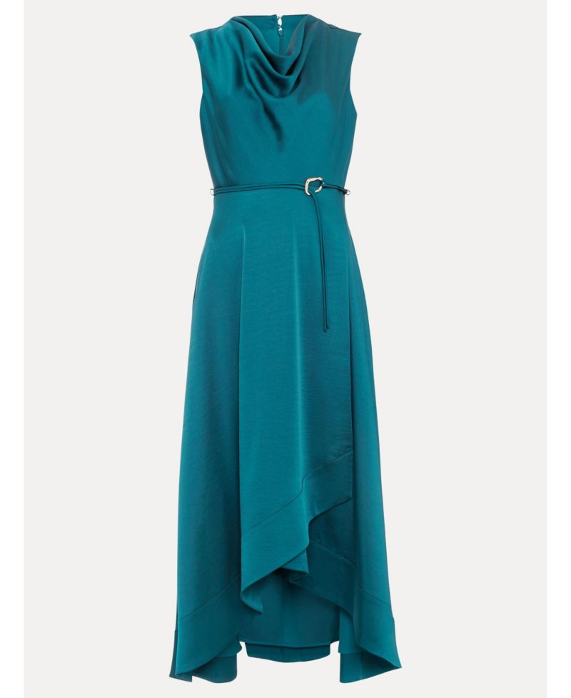 Women's Cowl Neck Belted Midi Dress