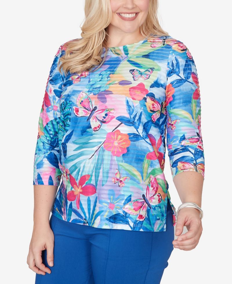 Petite The Royal Treatment Tropical Butterfly Ruffle Textured Top
