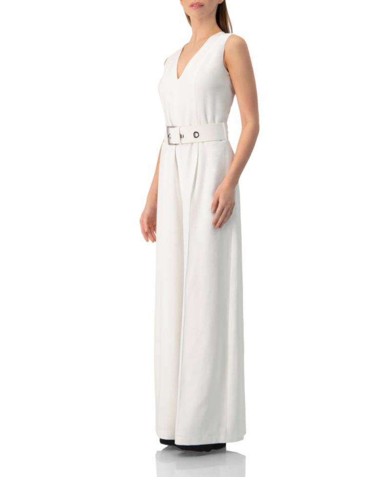 Women's Clean V-Neck Buckle-Belt Wide-Leg Tailored Jumpsuit