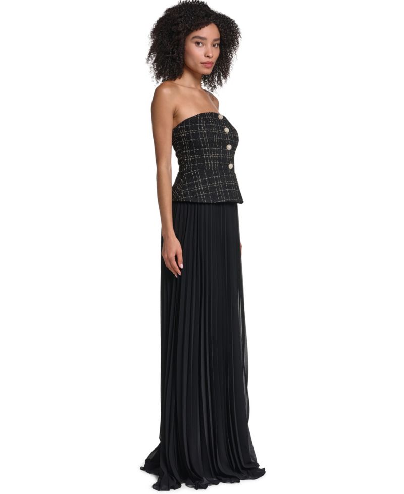 Women's Strapless Tweed Bodice Chiffon Gown