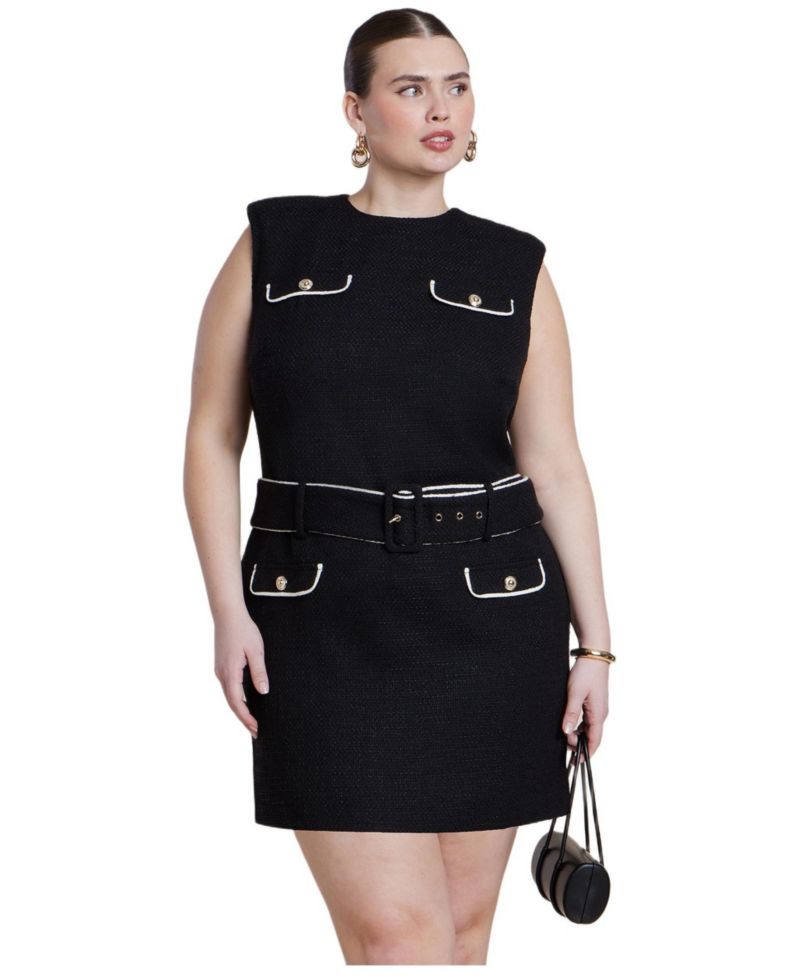 Plus Size Belted Tweed Mini Dress
