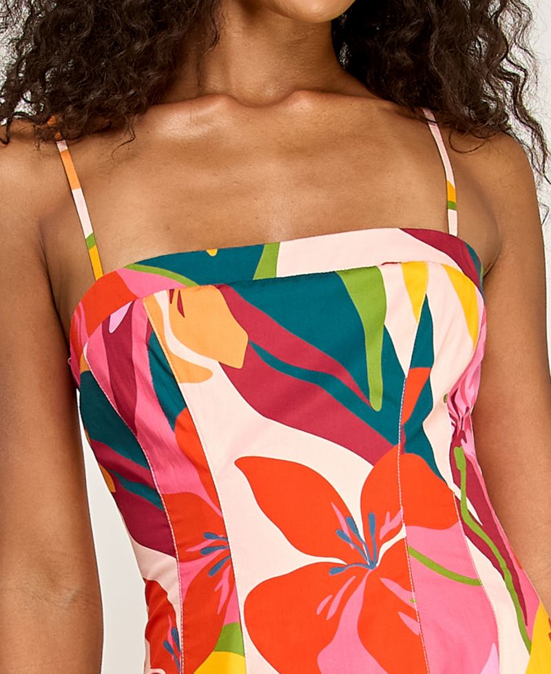 Juniors' Printed Poplin Square Neck Midi Dress