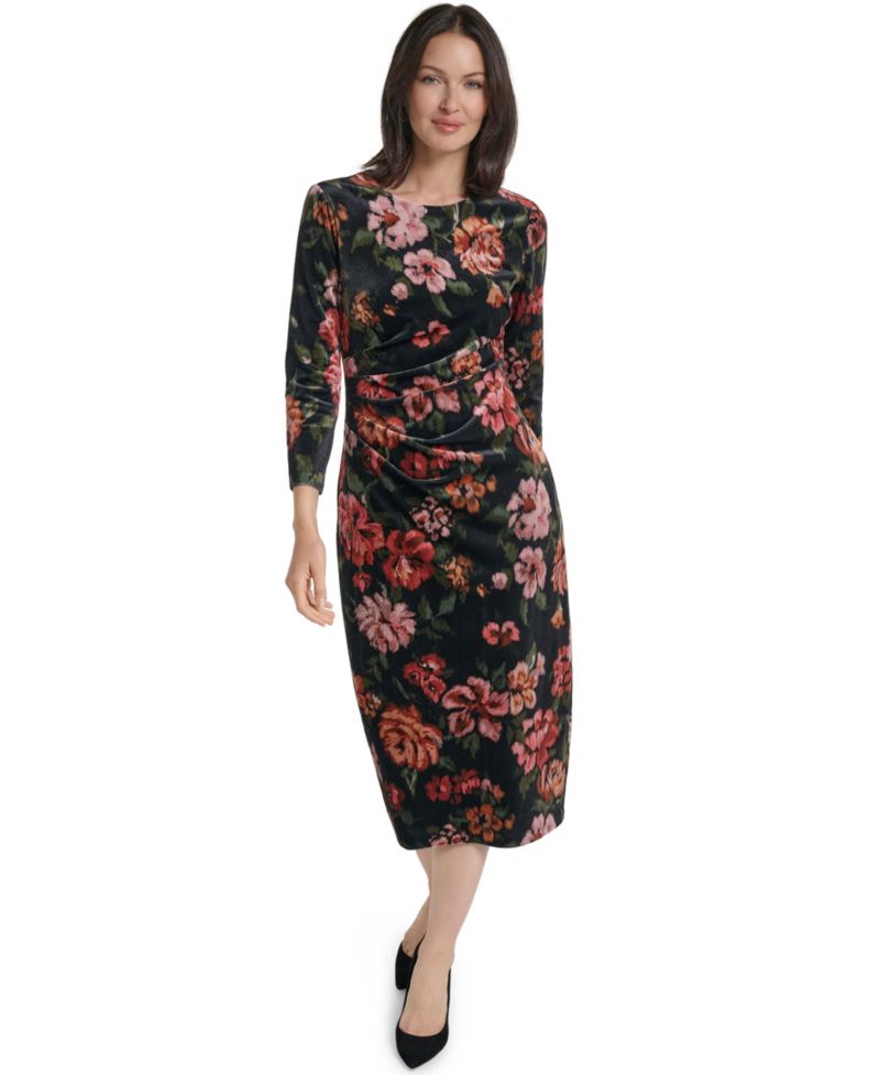 Petite Floral-Print Velvet Midi Dress