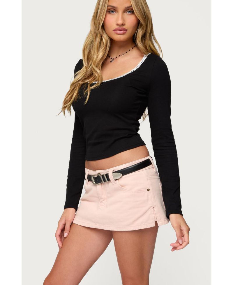 Womens Contrast Lacey Long Sleeve Top