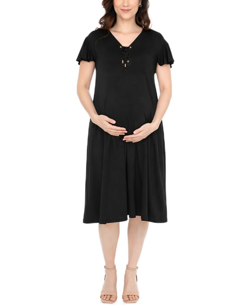 Women's Flutter-Sleeve Tie-Neck Maternity Dress