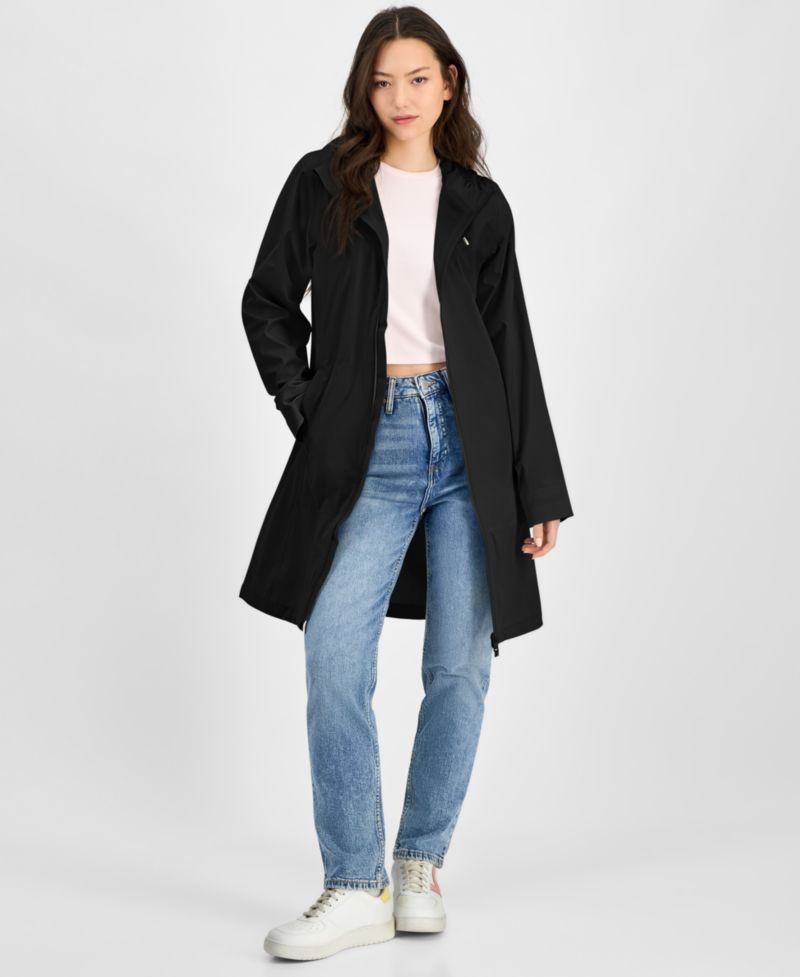 Women's Long Zip-Front Hooded Rain Coat
