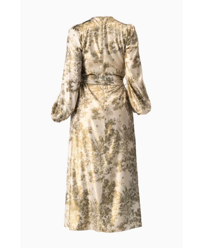 Women's Botanical Print Satin, Long Sleeve Belted Keyhole Midi Dress