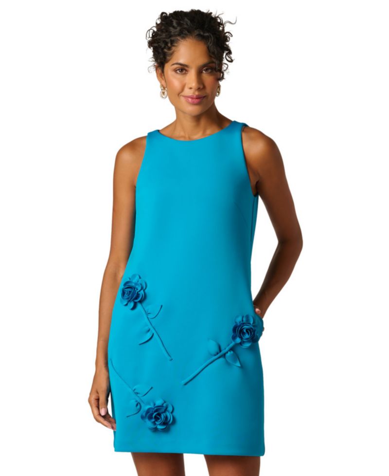 Women's Sleeveless Crewneck Rosette Shift Dress