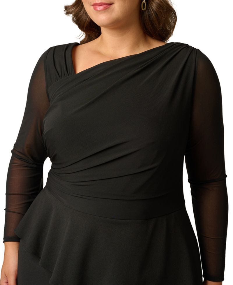Plus Size Knit Crepe Combo Mesh Go Asymmetrical Long-Sleeve Dress
